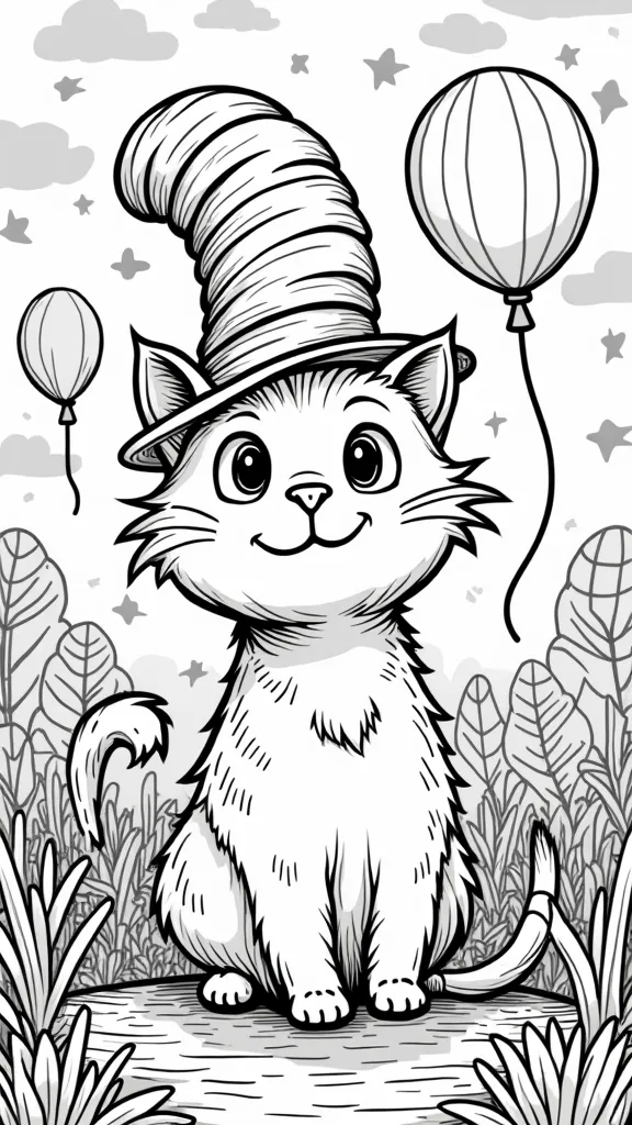 chat dans le chapeau imprimable coloriage